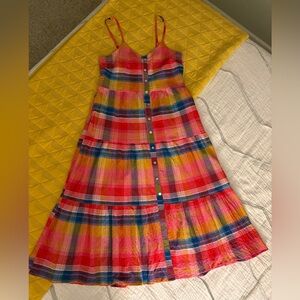 Evereve Multicolor Plaid Button-Front Sundress in Pink, Yellow & Blue